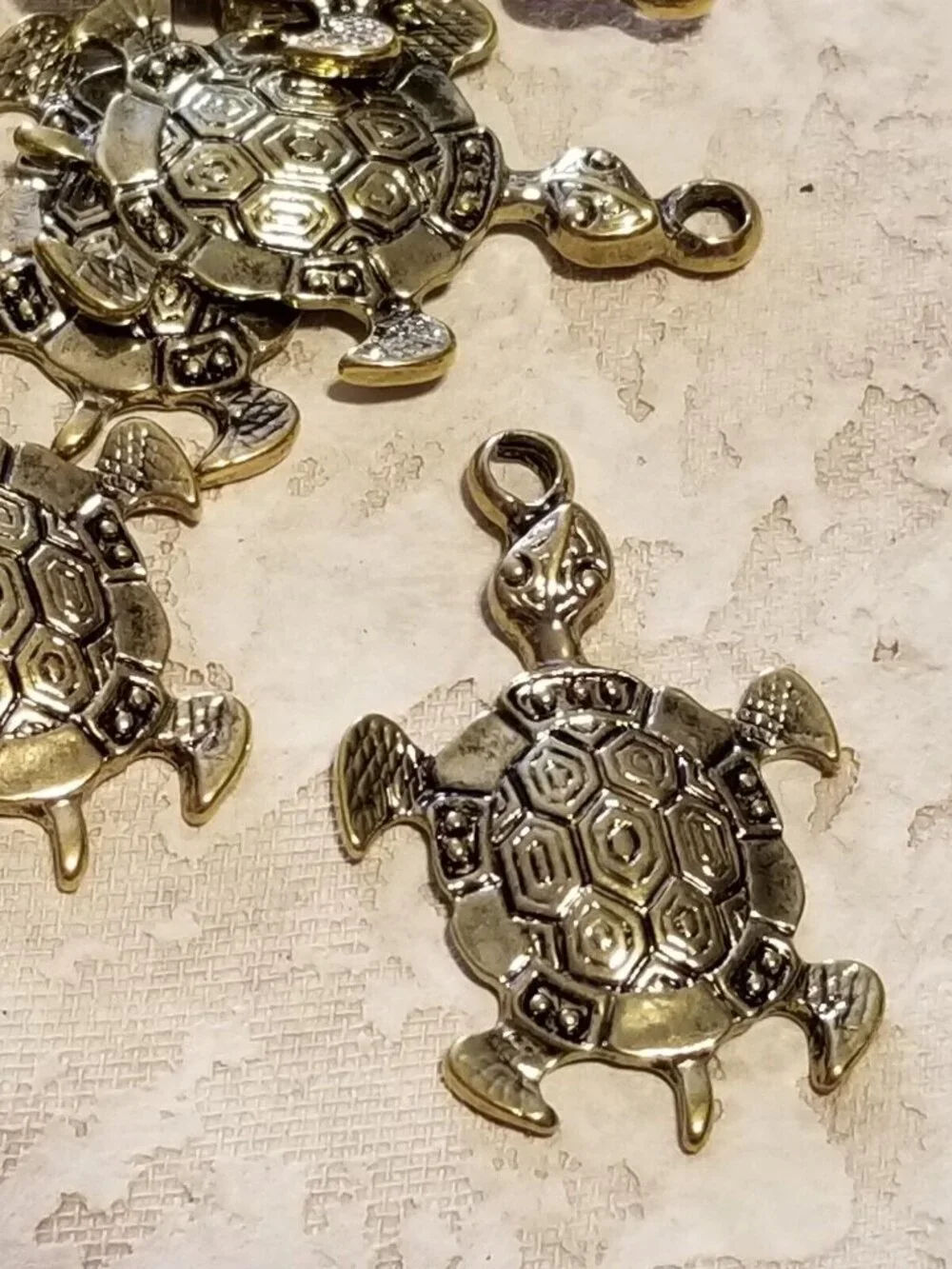Carved Turtle Tortoise Pendant Antiqued Gold Plated Pewter 39x28mm